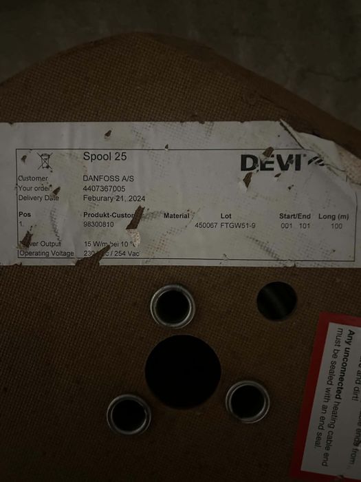 Kabel grzewczy DEVI / Danfoss 15 W/m (230V) – Szpula 100m, Nowy
