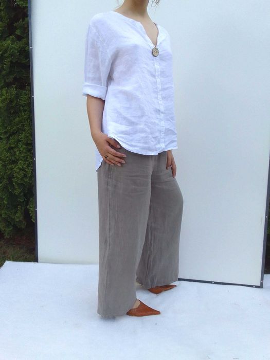 Lniany komplet szerokie spodnie koszula 100% len puro lino S M L uniwe
