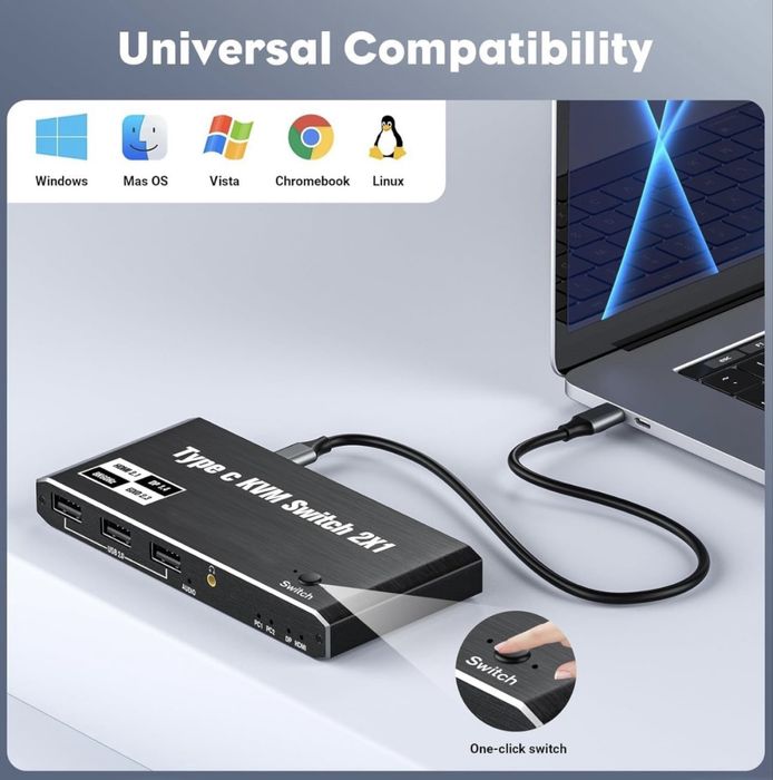KVM-перемикач 2 в 1 з виходом USB-C 8K при 60 Гц 4K при 120 Гц, для Windows 11/10/8/7/Vista/XP, Mac OS X 10.9