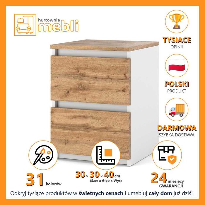 Szafka Nocna Hugo 30cm Nowoczesny Stolik Nocny Do Sypialni 2 Szuflady