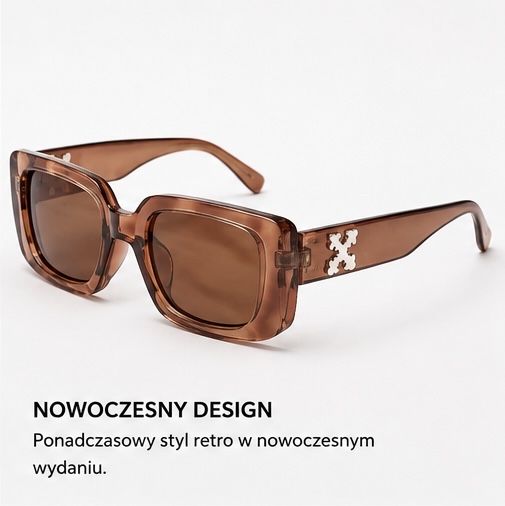 Stylowe okulary przeciwsłoneczne w nowoczesnym wydaniu retro. Transparentna róžowa oprawka w połączeniu z brązowymi soczewkami