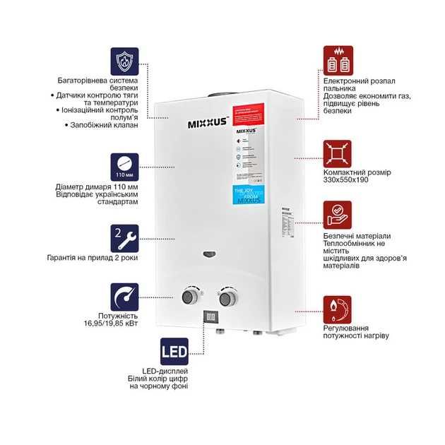 Газова колонка MIXXUS GWH-0110 BASIC WHITE димохідна 10 л/хв