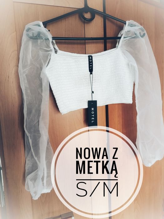 Crop top hiszpanka organza bufiaste rękawy biały