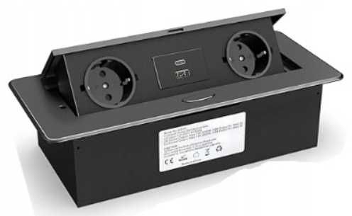 Wysuwana Listwa Zasilająca USB C PD20W 2 Gniazda do Blatu 2500W Czarna