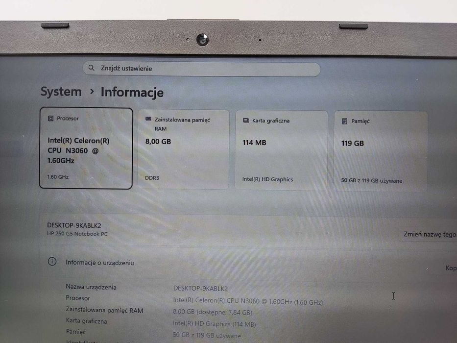 Laptop Używany HP 250 G5  Celeron 15,6" HD 8GB 128SSD  W11 Gwarancja FV