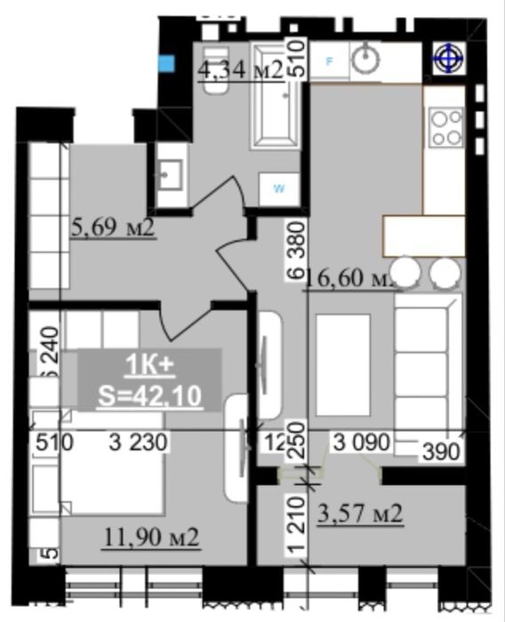 1к квартира 42м² біля ОЗЕРА! ЖК Millennium, кухня-студія, Сирець_BK