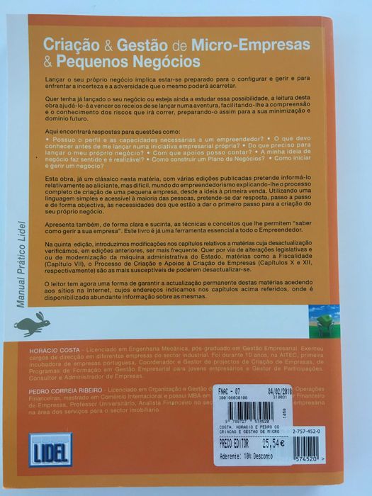 Criação e Gestão de Micro Empesas e Pequenos Negócios (como novo)