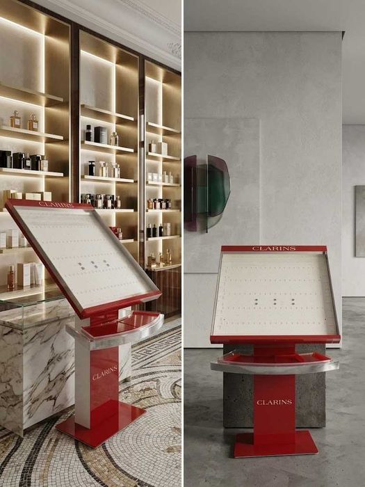 Фирменное витринное оборудование Clarins / Стенд для косметики и парфюмерии