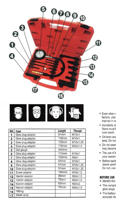 Conjunto verificação de compressão para motores diesel 70 bar