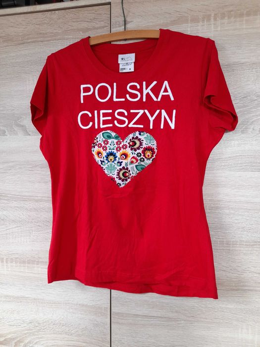 Bluzka T-shirt, damska, czerwona, folklorystyczna, serce, M