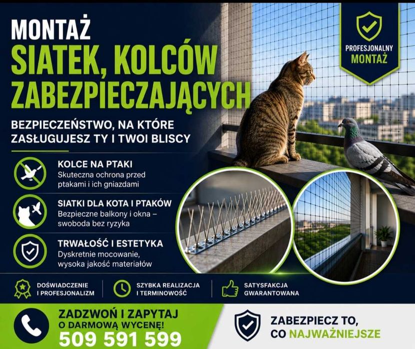 Montaż siatek na balkon przeciw ptakom, Siatka dla na kota  Sprzątanie