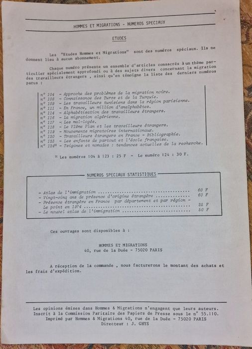 Hommes & Migrations 1981 e 1982 -Revistas Réferência Dinâmica Migração