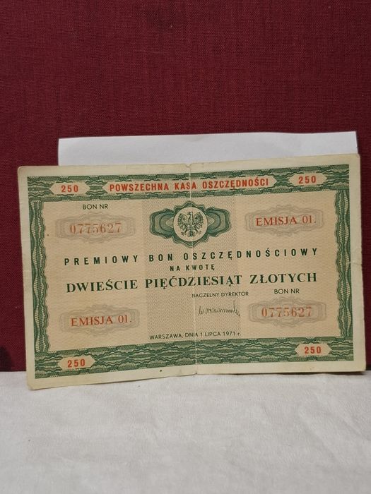 Premiowy Bon Oszczędnościowy 250zł z 1971r