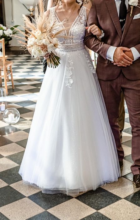 Suknia ślubna księżniczka boho rustykalna koronka tiul kwiaty r. XS/S