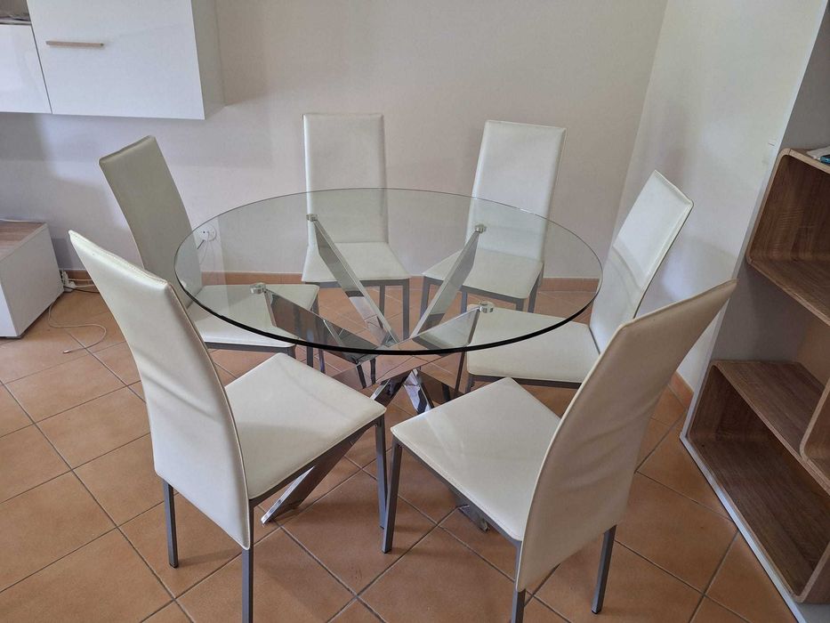 Mesa de jantar com 6 cadeiras de jantar em vidro temperado