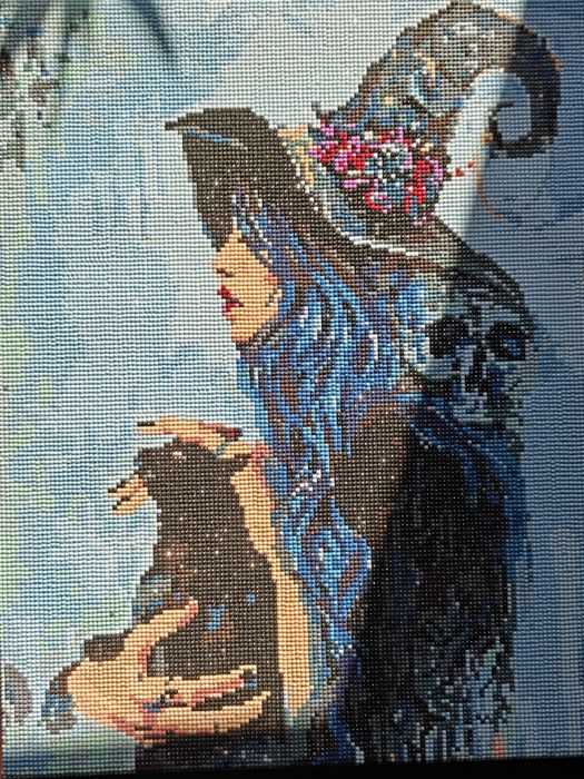 Duży obraz 40x50 – wiedźma z czarnym kotem, haft diamentowy