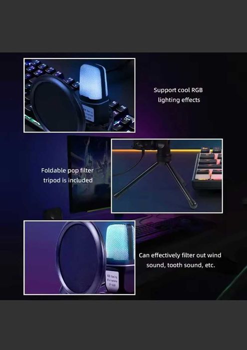 Microfone Condensador USB RGB para Gaming / Podcast + Kit Completo