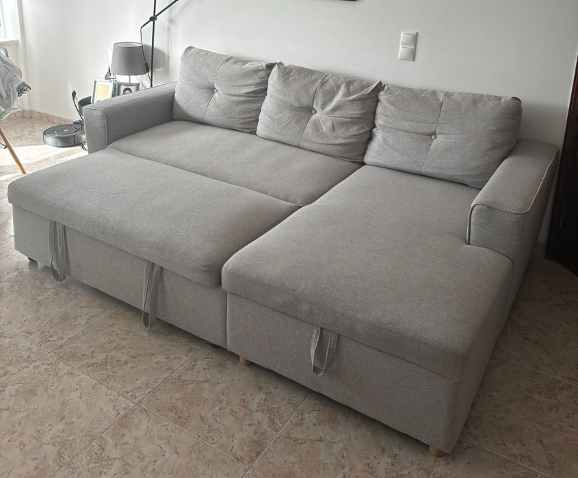 Sofá-cama chaise longue de 3 lugares em tecido