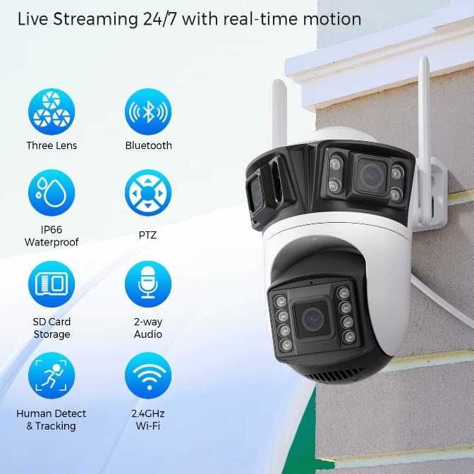 Уличная IP WIFI Камера видеонаблюдение Besder 12МП три объектива iCSee