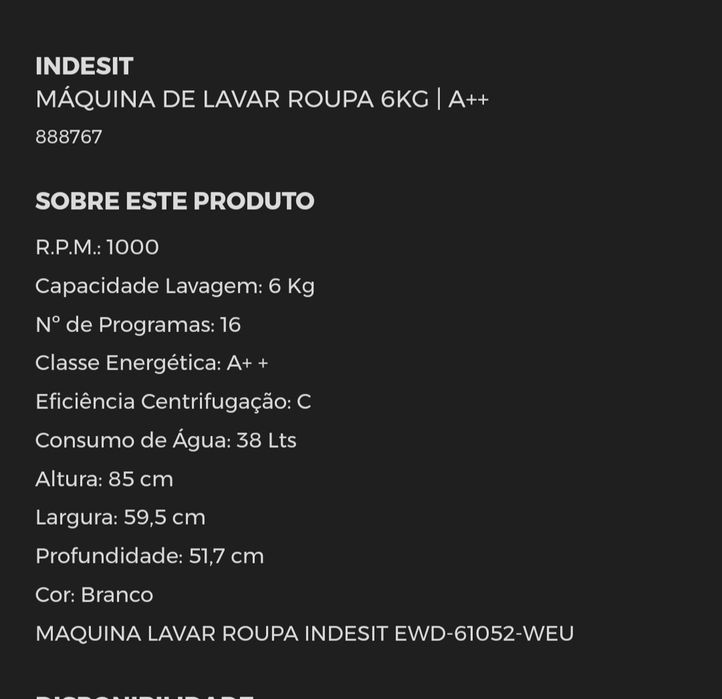 Máquina Lavar Roupa Indesit 6kg