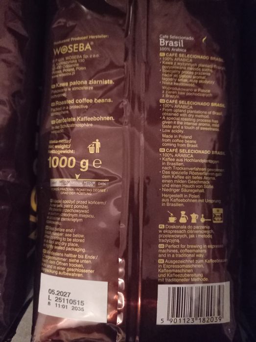 Nowa Kawa Woseba 5 paczek 1 kg ziarnista 100% Arabica sztuki pyszna
