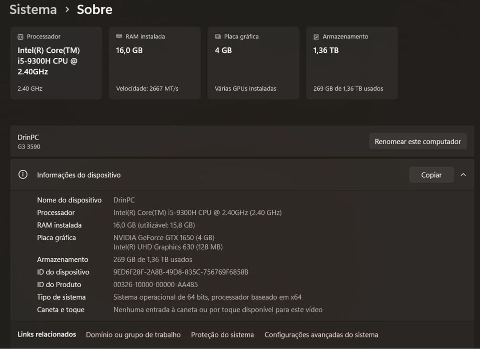 Dell G3 3590 | i5-9300H | GTX 1650 | 16GB HyperX | SSD NVMe 500GB + HD 1TB
