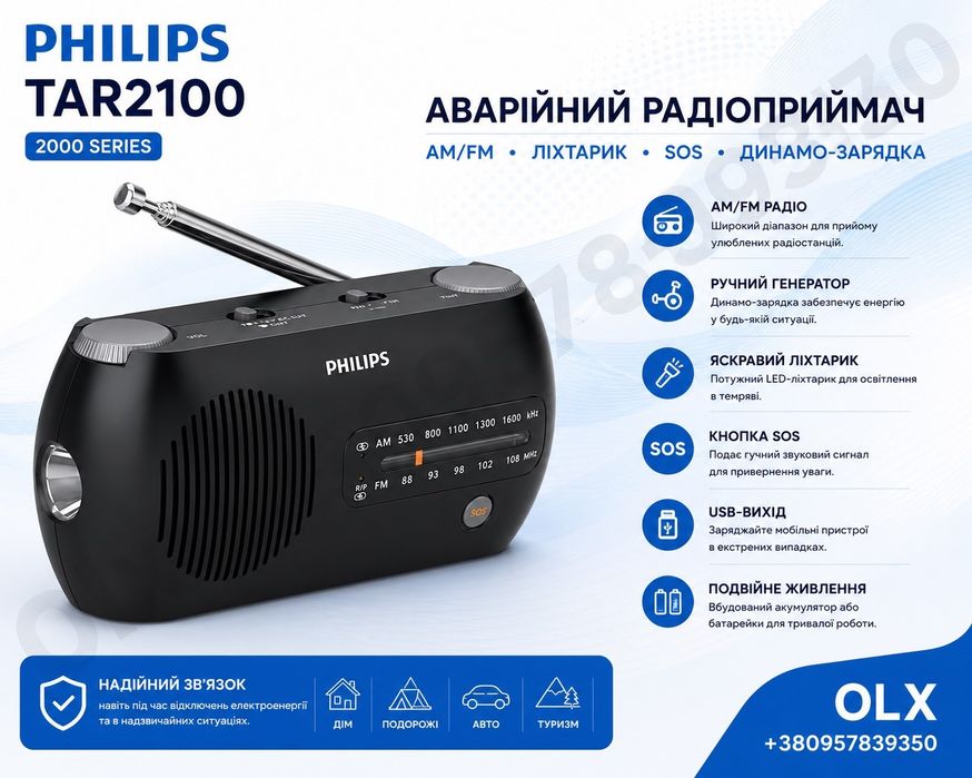 Радіоприймач Philips TAR2100 — AM/FM, LED-ліхтарик, SOS, ручна динамо-зарядка, USB-вихід, живлення від акумулятора або 3×AAA батарейок.