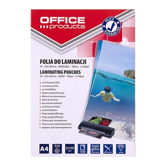 Folia Do Laminowania A4 Office Products  2X100Mikr Błyszcząca 100Szt. Transparentna Office Products Nowa Nieużywana