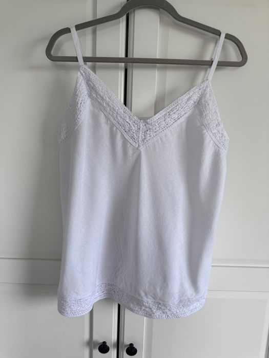 Marks&Spencer M&S lniany top biały crochet XL