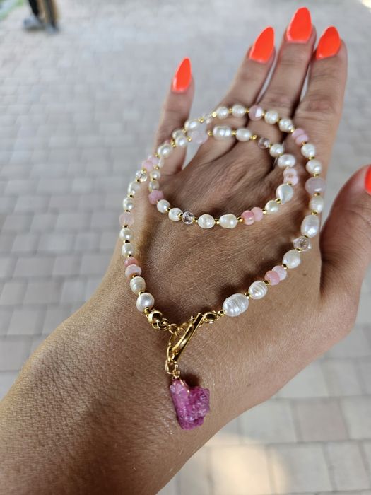 Naszyjnik kamienie naturalne Perły naturalne Opal peruwiański Kwarc