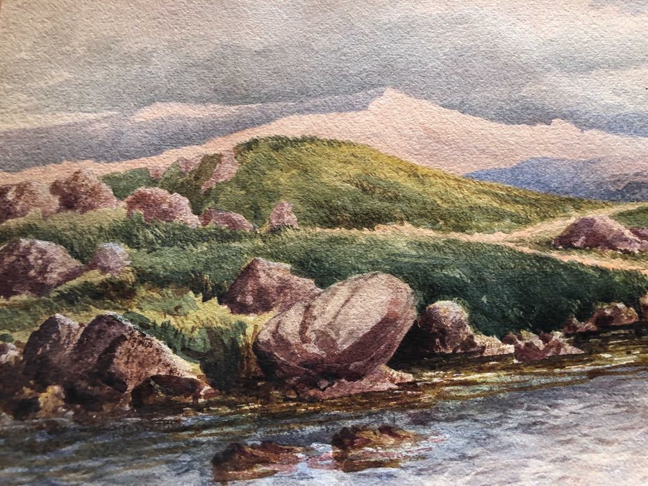 Pintura em guache e aguarela, de 1800, da Suiça.Paisagem de Montanha