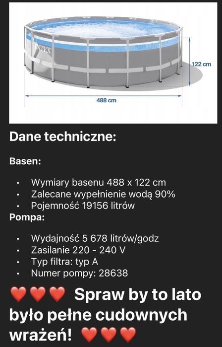 Basen stelazowy intex 26730GN PRISM frame clearview 488 x 122 cm