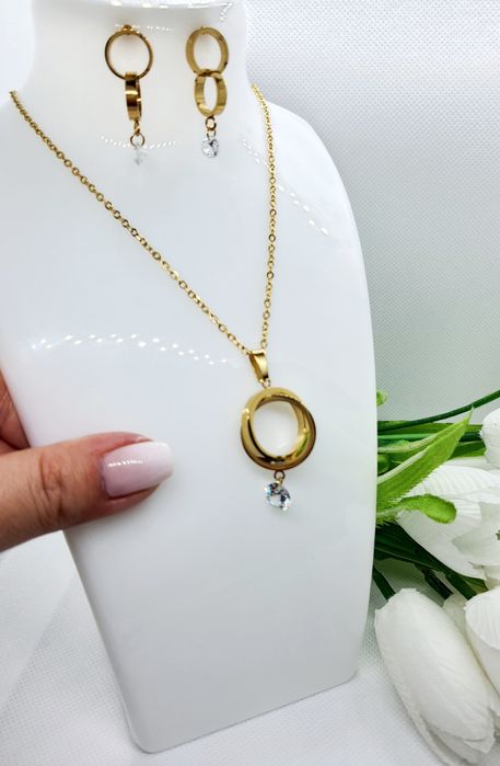 Zestaw biżuterii łańcuszek celebrytka kółeczka cyrkonie + kolczyki