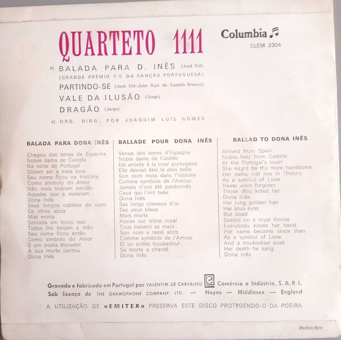 Quarteto 1111	- - - - -	Balada Para D. Inês	- - - - -	EP
