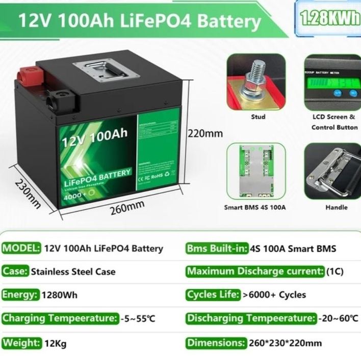 Аккумулятор LiFePo4 12V 100Ah с Bluetooth 1280 Wh