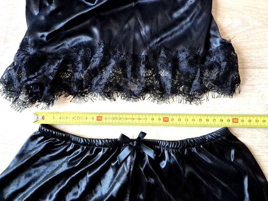 Nowa satynowa Piżama komplet zestaw Czarna S/M damska tanio