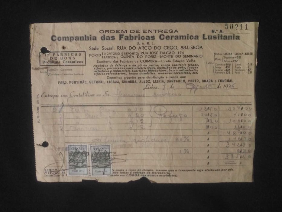 Fábrica Lusitânia - Rara Ordem de Entrega de Agosto de 1936