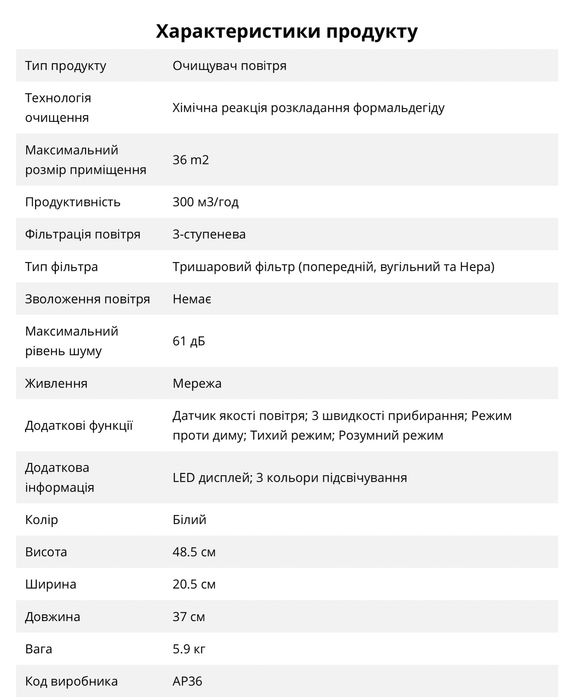 Очищувач повітря Jimmy Air Purifier (AP36)