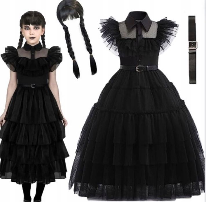 HALLOWEEN STRÓJ WEDNESDAY addams sukienka peruka 110-146 cm
