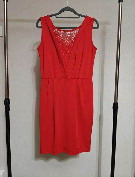 Sukienka czerwona świąteczna mini z kryształkami Bonprix