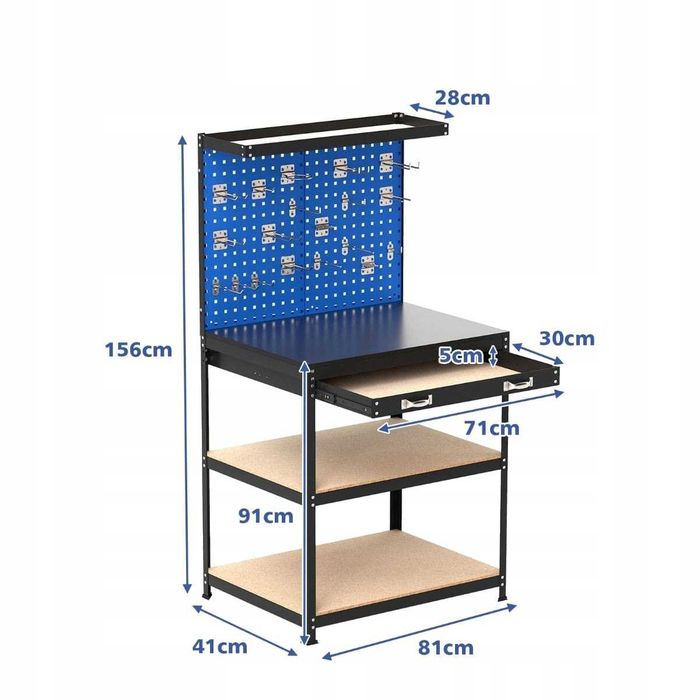 Stół warsztatowy Stół roboczy z tablicą i półkami