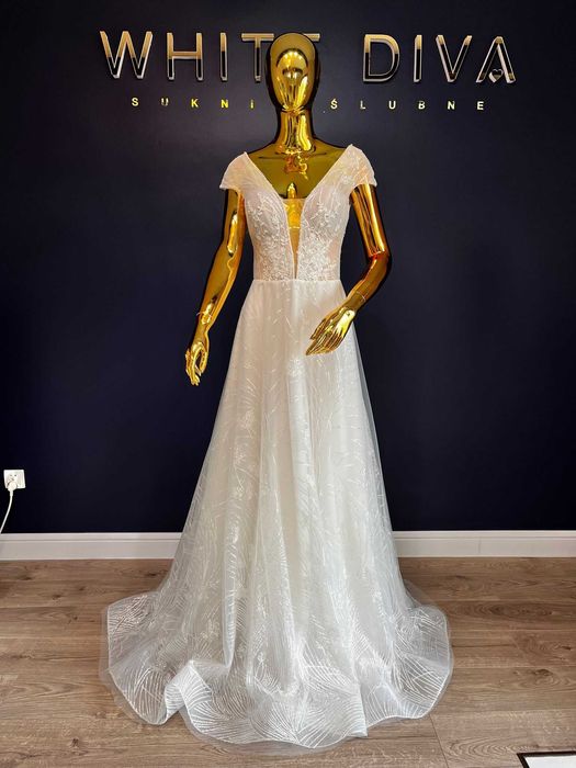 Nowa suknia ślubna Melory na ramiączkach brokat tren litara A r. 38 M