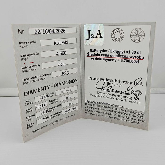 Złote kolczyki PERYDOT BRYLANT 4,56g PR.833 dł. 2,5cm