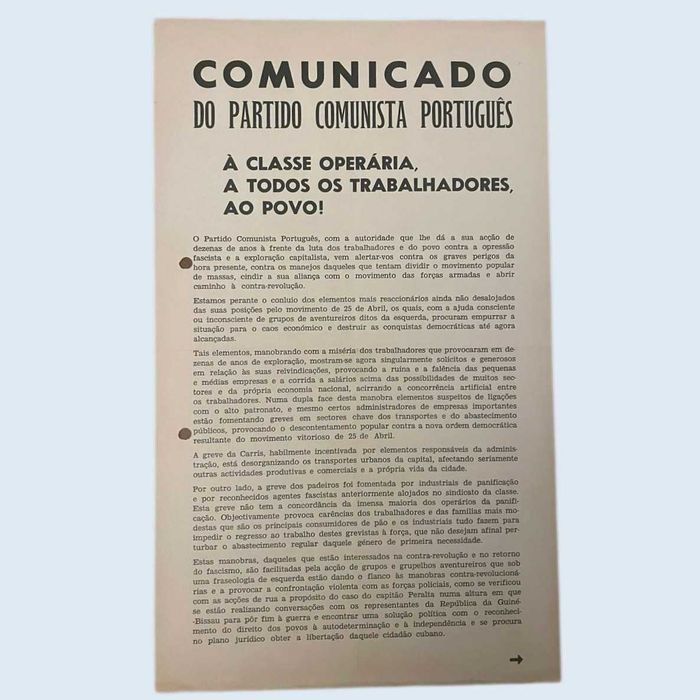 Comunicado PCP à Classe Operária, a Todos os Trabalhadores, ao Povo