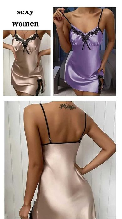 Damska piżama miękka satyna Deep V seksowna koszula fiolet rozmiar L