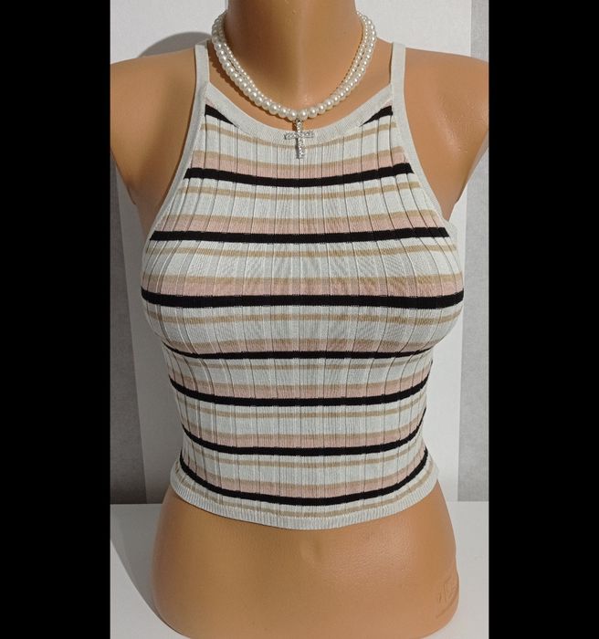 Crop top biały na ramiączkach prążkowany w paski H&M Divided XXS