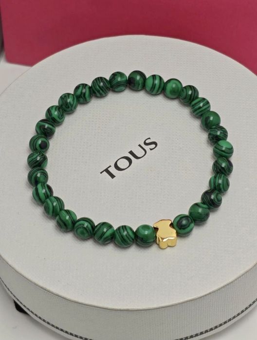 Bransoletka 17,19 z malachitów z misiem żółte srebro vermeil 925