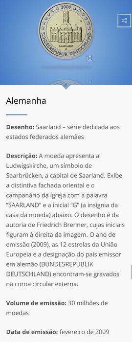 Moeda Comemorativa de 2€ Alemã - Saarland