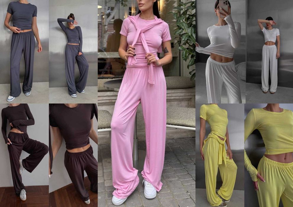 Жіночий костюм 3в1 трійка топ + лонгслів + штани палаццо нат. віскоза