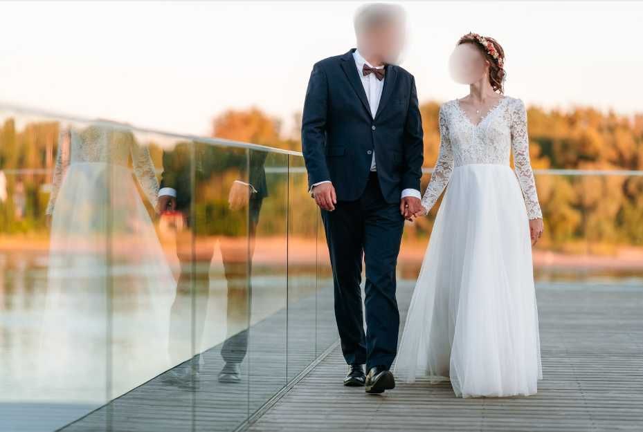 Suknia ślubna długi rękaw, koronka i tiul, rozmiar 36, 158-160 cm